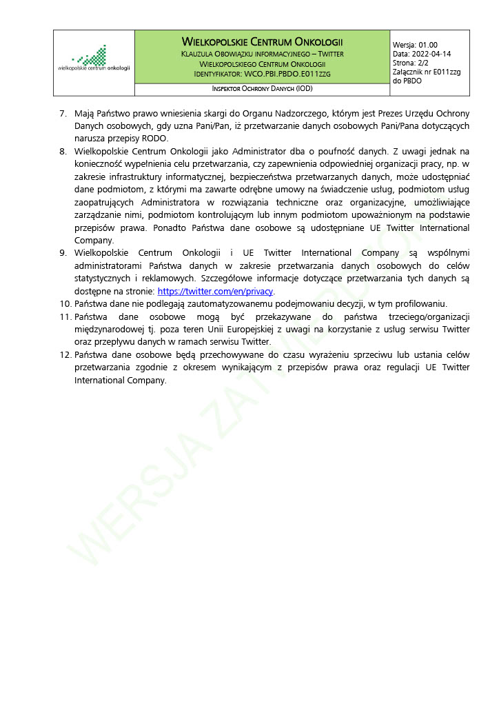 🔗 Klauzula Obowiązku informacyjnego - Fanpage Wielkopolskie Centrum Onkologii w serwisie Twitter 📑 Zapraszamy do zapoznania się.