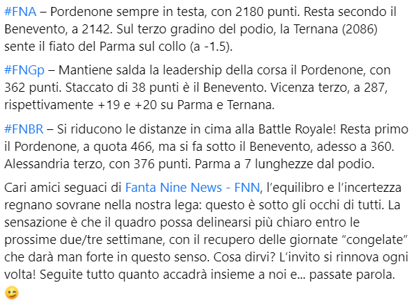 fanta9news's tweet photo. I risultati della 31^ giornata del #fantacalcio di #Fantanine: #FNL (Campionato), #FNA, #FNGp e #FNBR.
C’è una nuova capolista?
C’è una nuova capolista.
#FantaSerieBKT https://t.co/MIyUo6XRnY