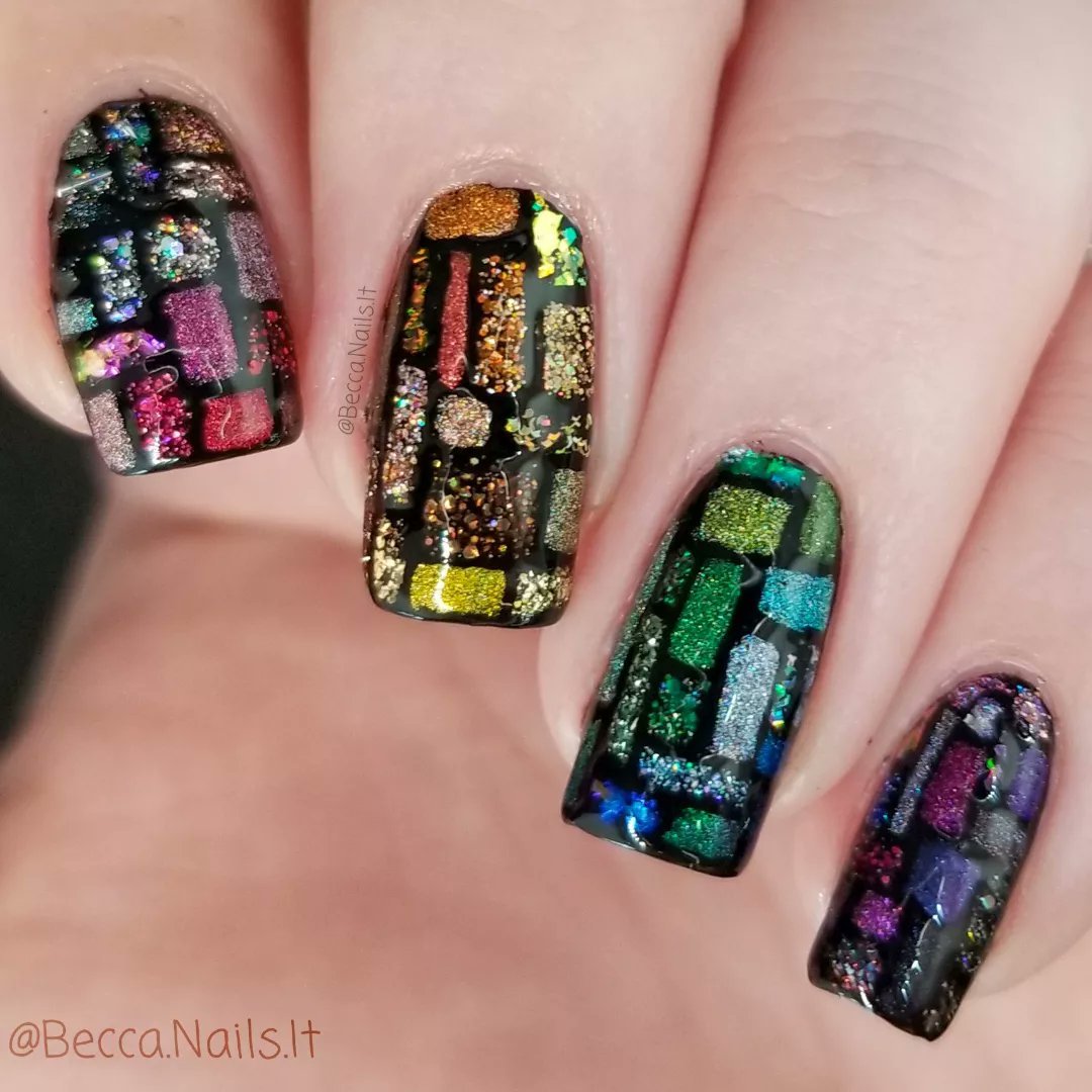 BeccaNailsIt's tweet photo. Chaos collab hosted by @deepwatersasmr and @/nailsbyagape! The challenge was to use at least 15 polishes from one brand!!

On my nails, I have 71 non creme @holotaco polishes. *Except Missed Shift, it just didn't fit in well* Can you find your favorite???

 #ChaosCollabOneBrand https://t.co/5fLjC92N6E