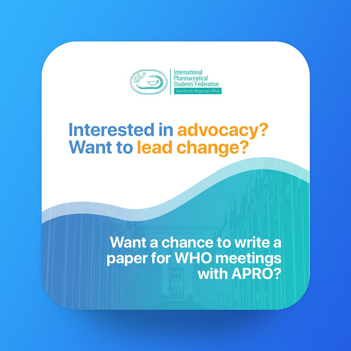 IPSFAPRO's tweet photo. [IPSF APRO: Advocacy Competition]

𝙋𝙞𝙘𝙩𝙪𝙧𝙞𝙣𝙜 𝙤𝙛 𝙮𝙤𝙪𝙧𝙨𝙚𝙡𝙛 𝙖𝙩 𝙩𝙝𝙚 𝙒𝙃𝙊 𝙞𝙣 10 𝙮𝙚𝙖𝙧𝙨? 𝙒𝙖𝙣𝙩 𝙩𝙤 𝙡𝙚𝙖𝙙 𝙘𝙝𝙖𝙣𝙜𝙚?

🔗Register at: https://t.co/QwQbWyKzyz

Pharmacists of today, advocates of the future.✨

#AdvocacyByAPRO
#IPSFAPRO
#IPSForg https://t.co/9Gzb2M5LZu