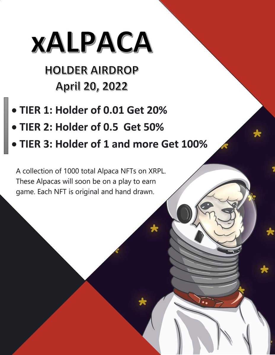XrpAlpaca's tweet photo. 📢AIRDROP ALERT📢

Tomorrow is the day! Are you holding your #xALPACA?

#xALPACA #NFTs #XRP #XRPL #XRPCommunity #XRPArmy #Airdrops https://t.co/BP37GoerOe