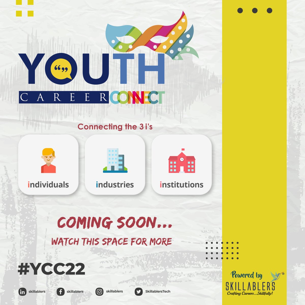 SkillablersTech's tweet photo. YCC 2022 is coming soon!!! Please do subscribe &amp; share this page with your friends and colleagues. 
Watch out this space for more updates and excitement.
#YCC22 

#youth #career #buildingcareer #workready #connecting #academic #industyready #opportunity #Inspiration https://t.co/axb9EL4yBq