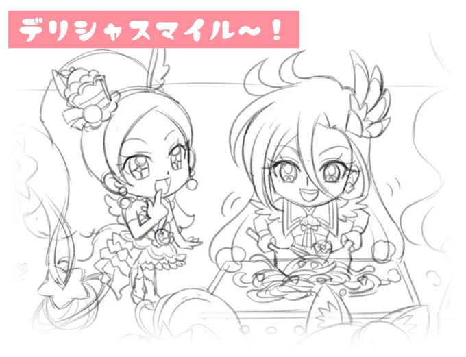 #プリキュア×おいしい笑顔 の第7弾!キュアフラミンゴが焼きそば作りはらぺこで見つめるキュアパルフェ今日は #食育の日 食べてくれる人の笑顔を想像して作るのって素敵ですよね〜おともだちピンクで掲載頂いたイラストのラフです#はらペコった〜#ごはんは笑顔#デリシャスマイル 