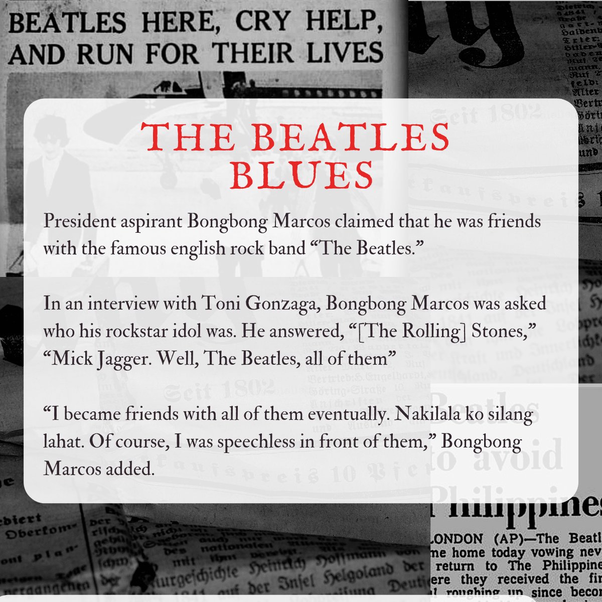 CPARGermain's tweet photo. Stating erroneous claims? 
Bongbong Marcos still claims to have been friends with the Beatles despite the fact that the band were exposed to cruel treatment as they prepared to flee during the regime of the late dictator, Ferdinand Marcos.
#neverforget #neveragain https://t.co/zx6B9kXHzY