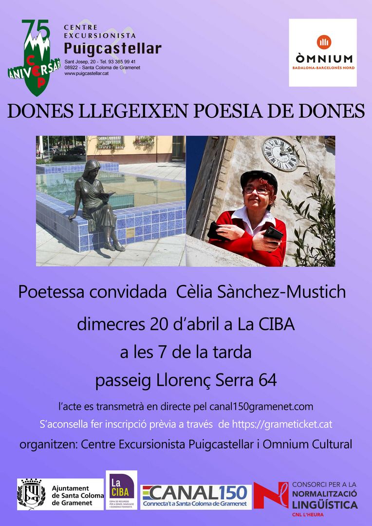 Dimecres 20 d'abril a les 19 h, a la  <a href="/la_ciba/">La CIBA</a>, tindrà lloc el recital poètic "Dones llegeixen poemes de dones".
Hi participa l'alumna del <a href="/cnlheura/">CNL L'Heura</a> Georgeta Mihaela Terente! 
<a href="/scgramenet/">Aj. Sta. Coloma Gram</a> <a href="/CEPuigcastellar/">CEPuigcastellar</a> <a href="/artemisdegrame1/">artemisdegramenet</a>
<a href="/CIRDSC/">CIRD SC</a> <a href="/CANAL150TVgrnet/">CANAL150gramenet</a> @omniumbdn <a href="/cpnlcat/">Consorci per a la Normalització Lingüística</a> <a href="/elmirallnet/">El Mirall.net</a>