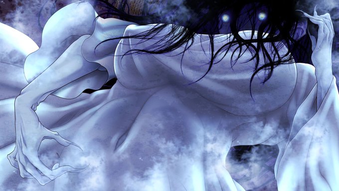 八尺様は今作、退魔巫女のボスなので、そこそこ風格を出したいけどあまり怖すぎてもエロに集中出来なくなりそうなのでこれくらいの匙加減で。
これに、貞子みたいなリアルな目を描いちゃうとヤバいことになります。 