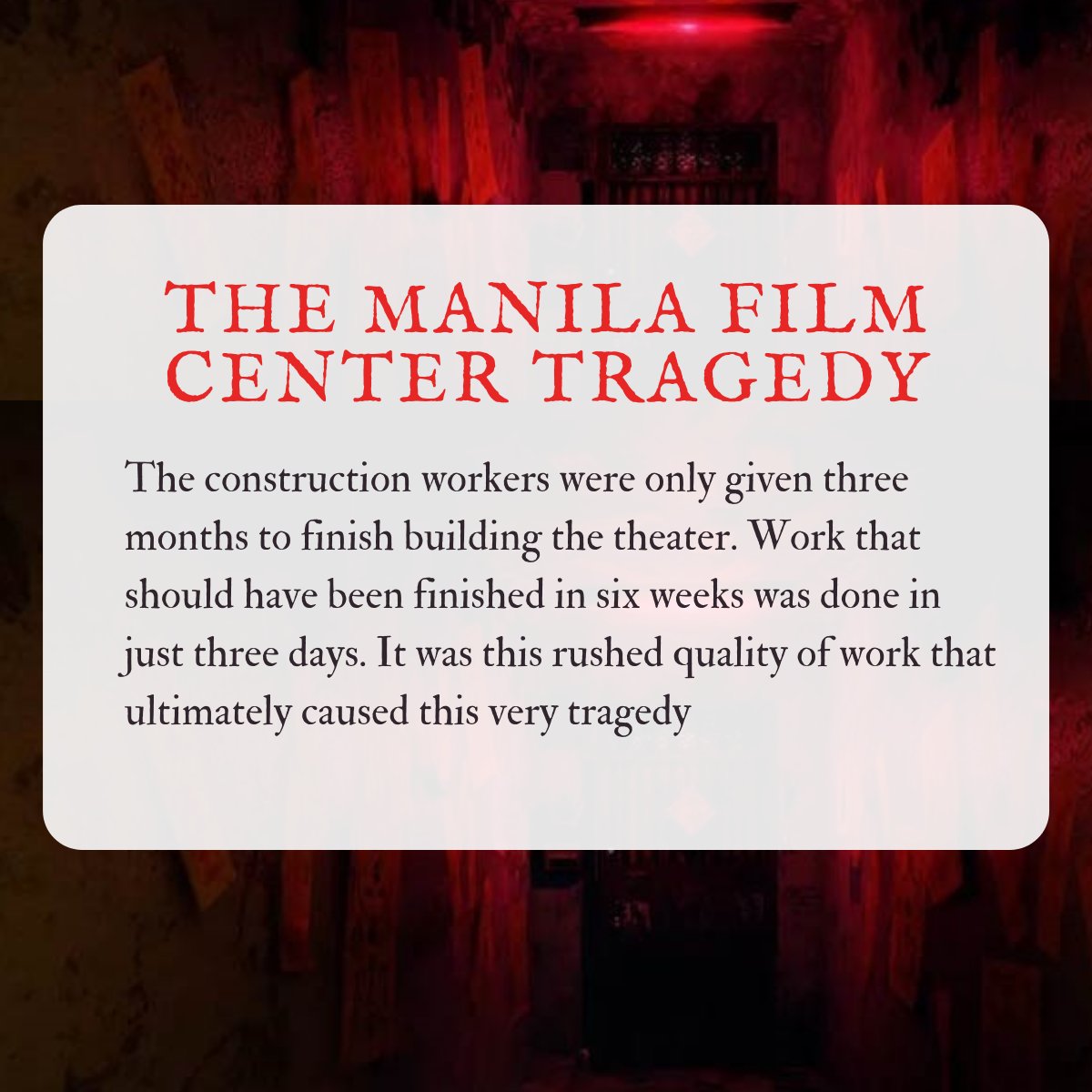 CPARGermain's tweet photo. What began as the ambitious vision of First Lady Imelda Marcos, envisioning that the Philippines was destined to become the “Cannes of Asia,” it is now one of Manila’s most haunted buildings—and a symbol of the atrocities under the Marcos regime.

#murdermystery #neveragain https://t.co/388x1mYCeD