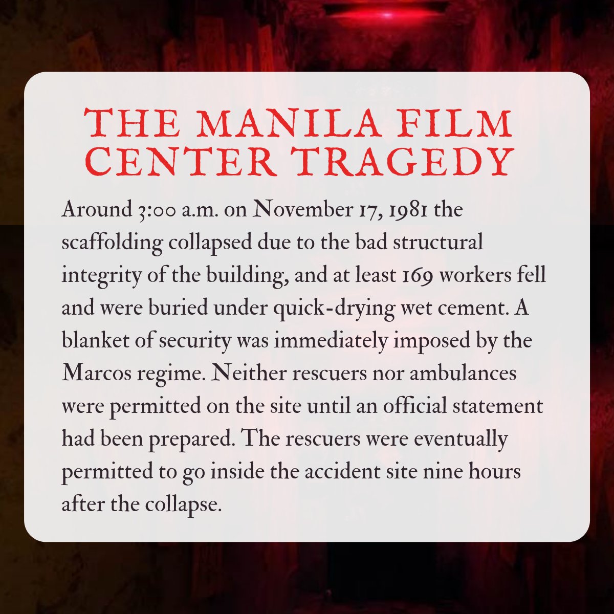CPARGermain's tweet photo. What began as the ambitious vision of First Lady Imelda Marcos, envisioning that the Philippines was destined to become the “Cannes of Asia,” it is now one of Manila’s most haunted buildings—and a symbol of the atrocities under the Marcos regime.

#murdermystery #neveragain https://t.co/388x1mYCeD
