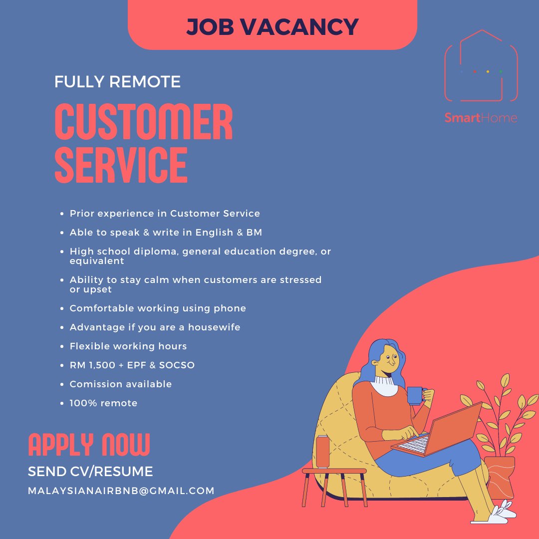 umarmaggi's tweet photo. Guys, we are looking for fully remote customer service.

Plus point kalau ada customer service experience &amp; full time housewife (nak bagi peluang kerja dari rumah je).

Literally kerja dari rumah dengan phone.

Email /dm me your resume at malaysianairbnb@gmail.com

Mohon RT 🙏 https://t.co/JwVMPqtRLb