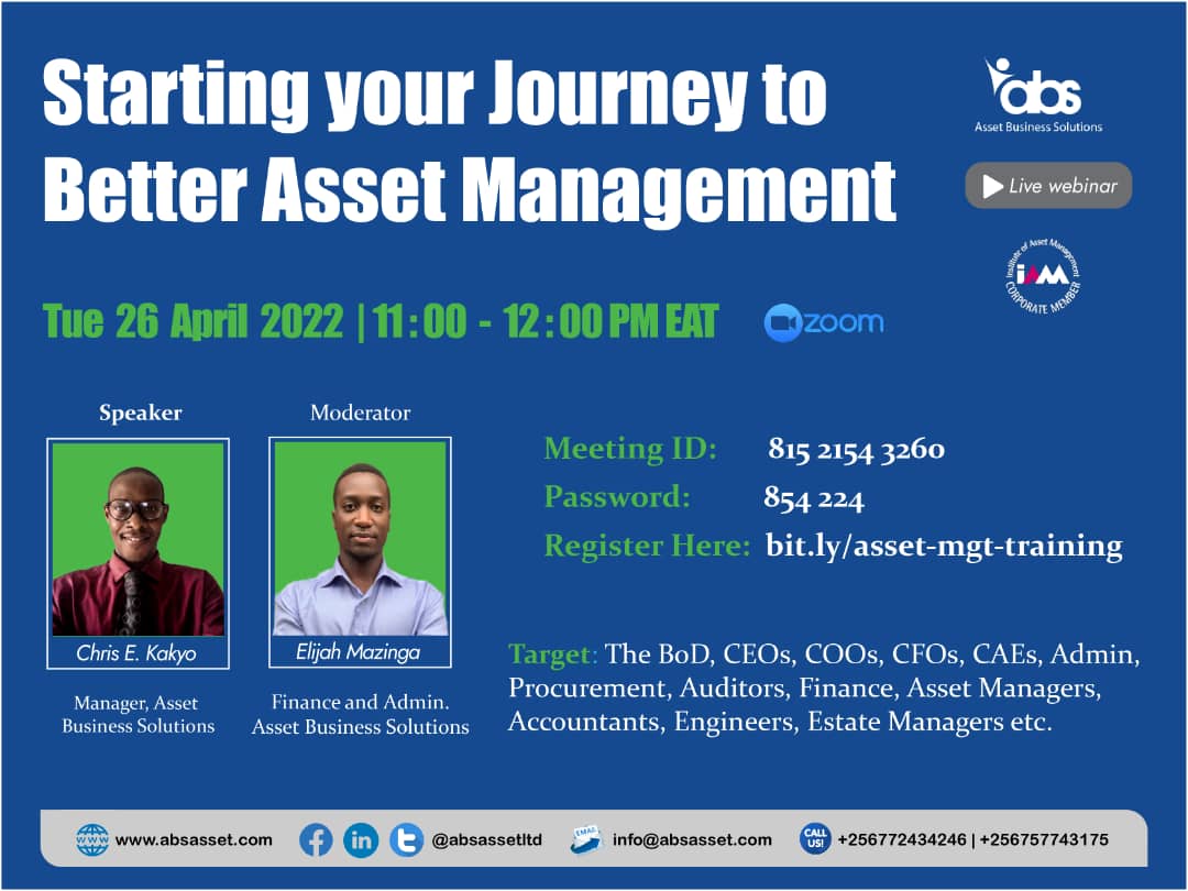 ChrisKakyo's tweet photo. I will be speaking at this Webinar and will talk about the Six Things You Should Consider to start on your Journey to Better Asset Management.
This is the link to register (free) -
https://t.co/ZJUrpr0SMR
#KnowYourAssets #assetmanagement https://t.co/k7NHPYWwnF