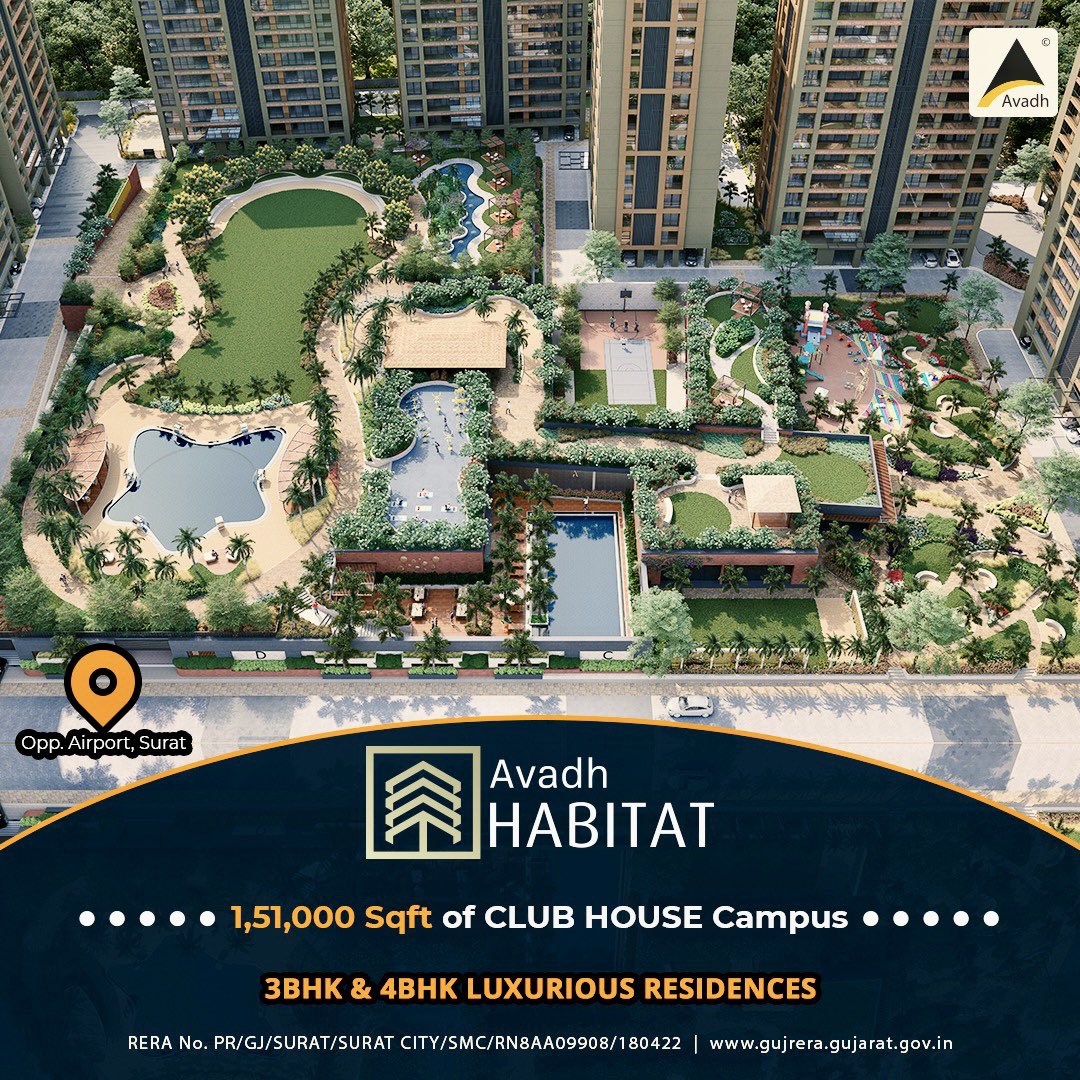 AvadhGroup's tweet photo. Presenting the newest creation by Avadh Group - AVADH HABITAT- 3bhk &amp; 4BHK Luxurious Residences.

Located near Surat Airport, Avadh Habitat boasts of premium residences with colossal spaces

Experience extraordinary living with Avadh Habitat.

For enquiries, call 9879364000/65000 https://t.co/7BOxESAV9X