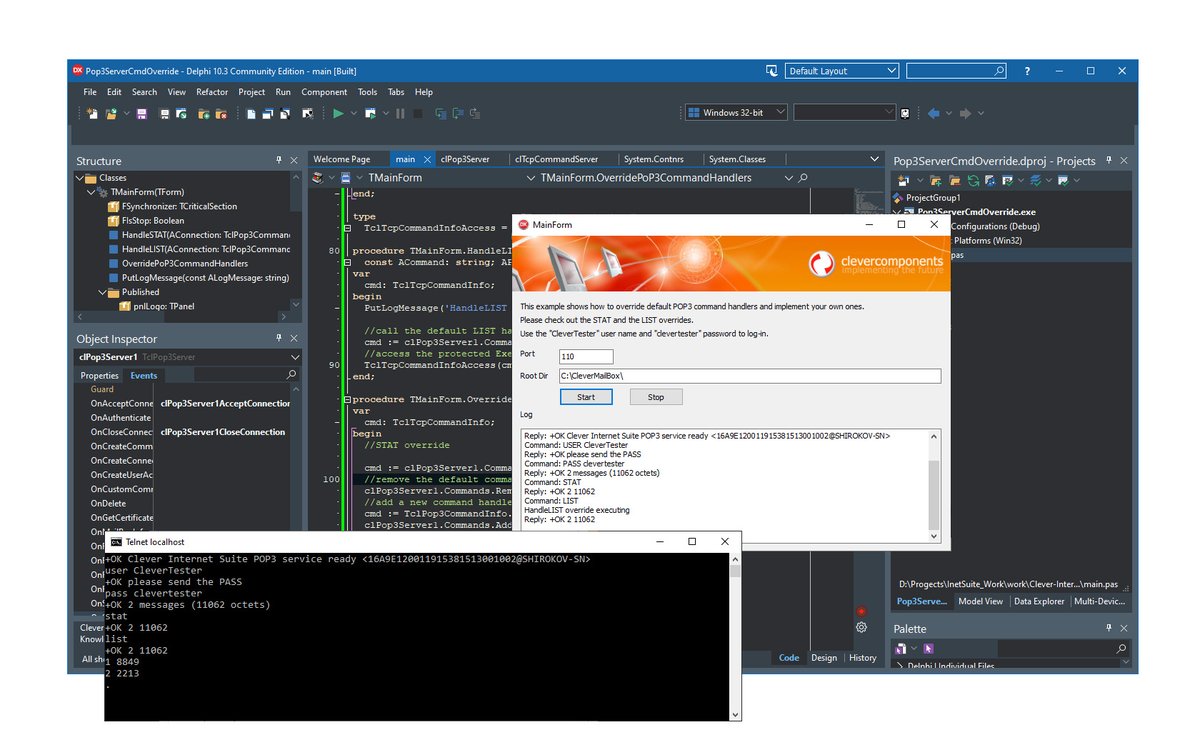 CleverComponent's tweet image. Good day. We prepared a simple tutorial that shows how to override the default POP3 command handlers and implement your own ones using our POP3 Server component. You can find the sources on GitHub.
Please ⭐️ our GitHub repo if you like this project 👍
github.com/CleverComponen…