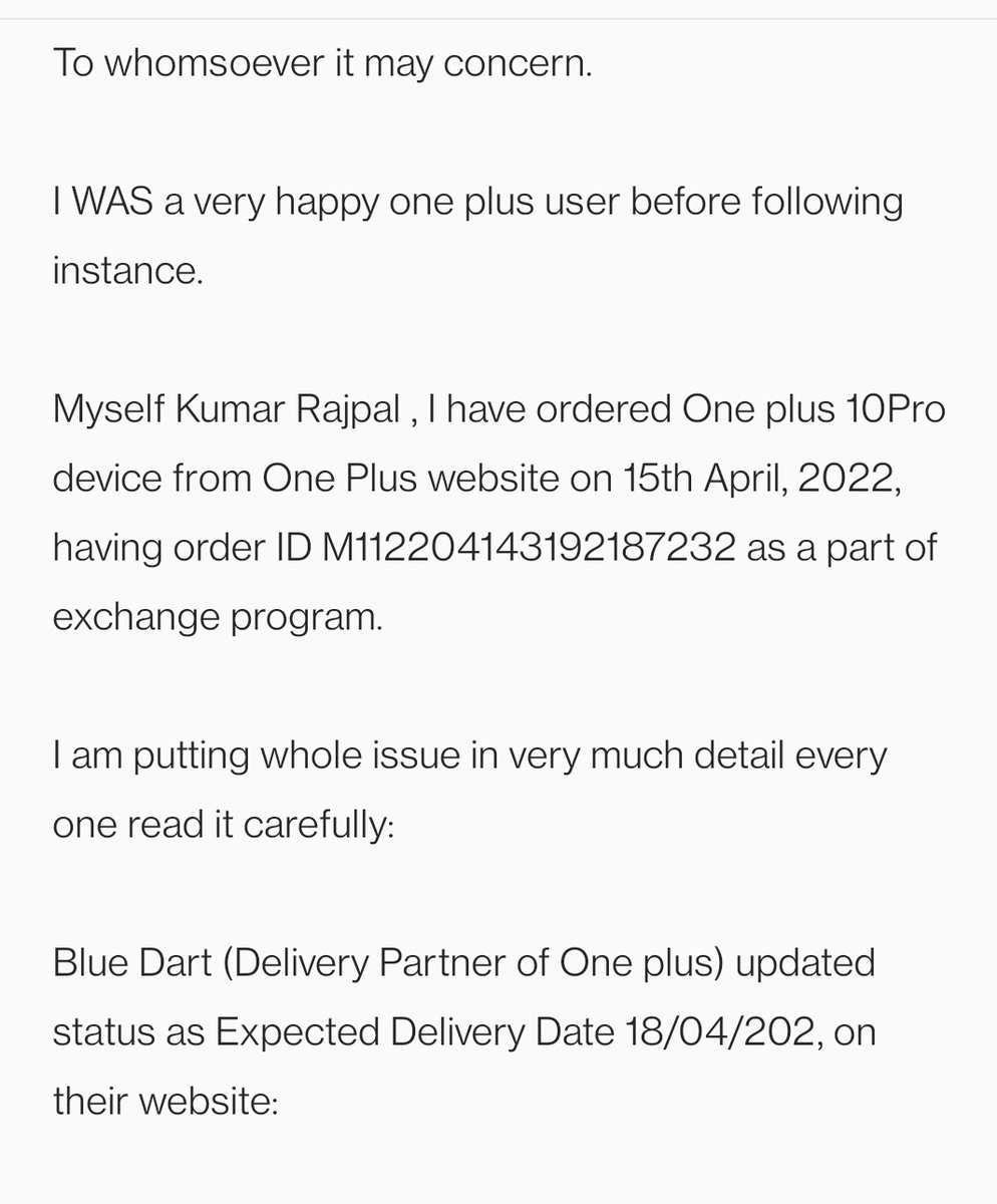 kumarrajpal005's tweet photo. @OnePlus_IN @oneplus @OnePlus_Support @OnePlusSecurity
Tweet no. 1
I WAS a very happy one plus user before following instance.

Myself Kumar Rajpal , Due to words limitations I am putting my issue in form of Screen shot so that detailed matter be Known to you and all https://t.co/gjNqIAjwc5