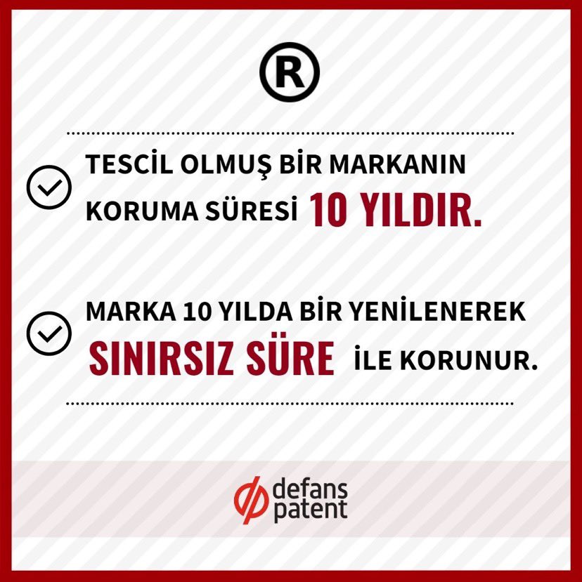 defanspatent's tweet photo. Tescil olmuş bir marka 10 yıl süre ile korunur ve her 10 yılda bir yenilenerek koruma süresi sınırsız olarak uzatılabilir. 

📞 0850 297 0 297

https://t.co/nDgcKSign1

#markatescil #trademark #türkpatent #marka #tm #markatescili #defanspatent https://t.co/AFnjLEYo1A