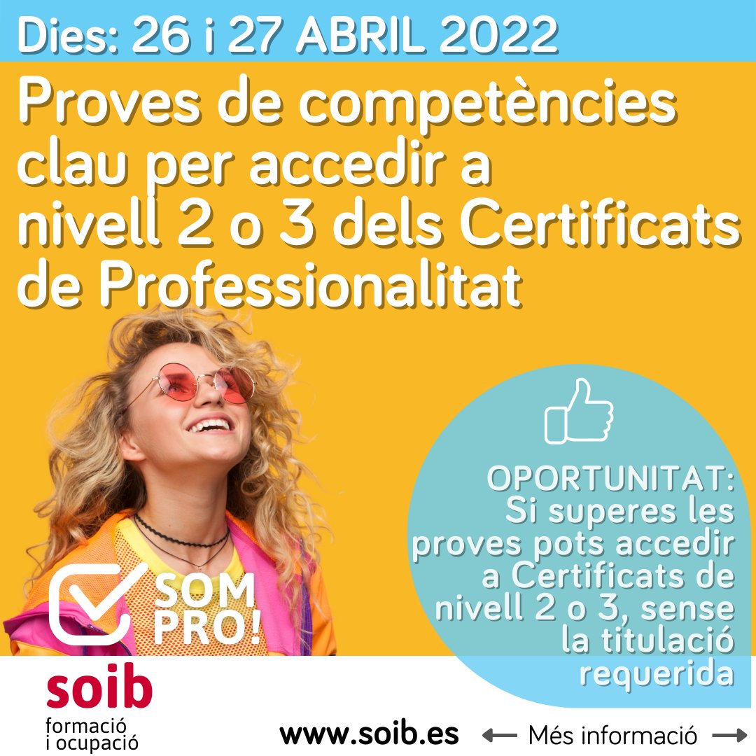 SOIBgoib's tweet photo. 📣26 i 27 d'ABRIL‼️ PROVES DE COMPETÈNCIES CLAU per accedir sense la titulació requerida als cursos de certificats de professionalitat de nivell 2 o 3.
No deixis passar l'oportunitat i aprofita els nostres PROs❗️
ℹ️ Més informació https://t.co/iPcwTUMml3
#SOIBSomPro #SomPro https://t.co/Cp3irrXgJb