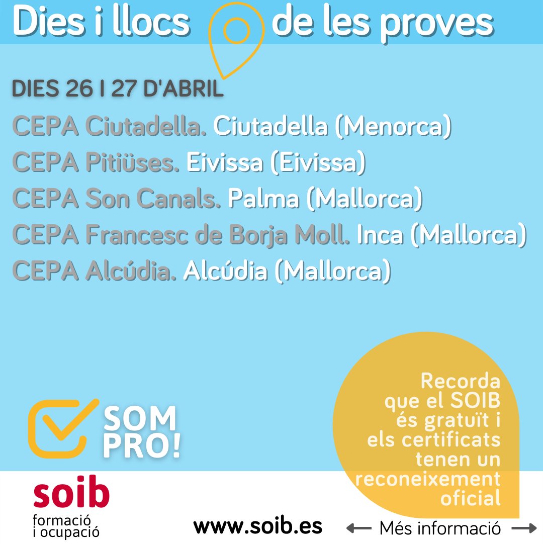 SOIBgoib's tweet photo. 📣26 i 27 d'ABRIL‼️ PROVES DE COMPETÈNCIES CLAU per accedir sense la titulació requerida als cursos de certificats de professionalitat de nivell 2 o 3.
No deixis passar l'oportunitat i aprofita els nostres PROs❗️
ℹ️ Més informació https://t.co/iPcwTUMml3
#SOIBSomPro #SomPro https://t.co/Cp3irrXgJb