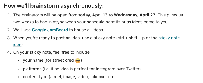 Maybe an unpopular opinion, but for distributed teams I now prefer async brainstorming over synchronous brainstorming sessions. Both have their pros &amp; cons, but the benefits of async (inclusivity/transparency/deep work/etc) outweigh those of a sync'd meeting.
<a href="/OtherJackieO/">Jackie O | she/siya 🇵🇭🇺🇸</a> <a href="/doist/">Doist</a>