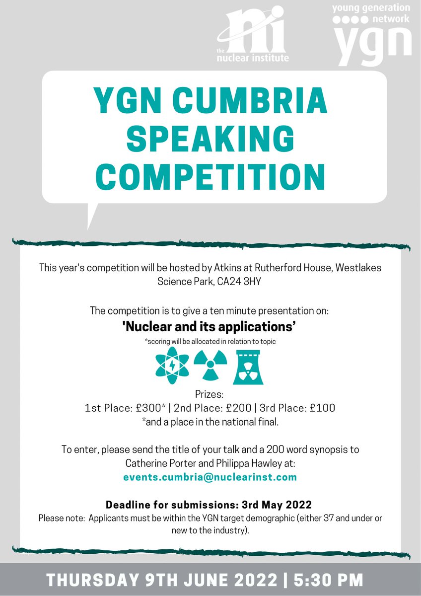 ⚠️Deadline extended ⚠️
There are still 2 weeks to apply for the <a href="/NI_YGN/">Nuclear Institute Young Generation Network (YGN)</a> Cumbria Branch Speaking Competition 🎙