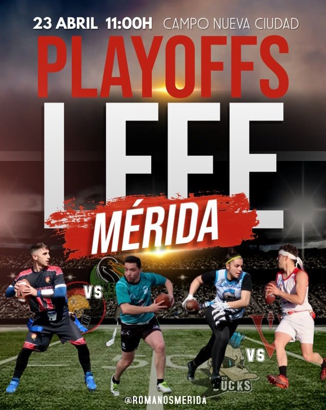 📢 Ya tenemos aquí los PLAYOFFS de la liga extremeña 2022!

Este sábado día 23 de abril, podremos disfrutar en casa de los dos partidos que decidirán que equipos juegan la final y cuales estarán luchando por el tercer y cuarto puesto.🏈
¡¡No puedes perdertelo!!