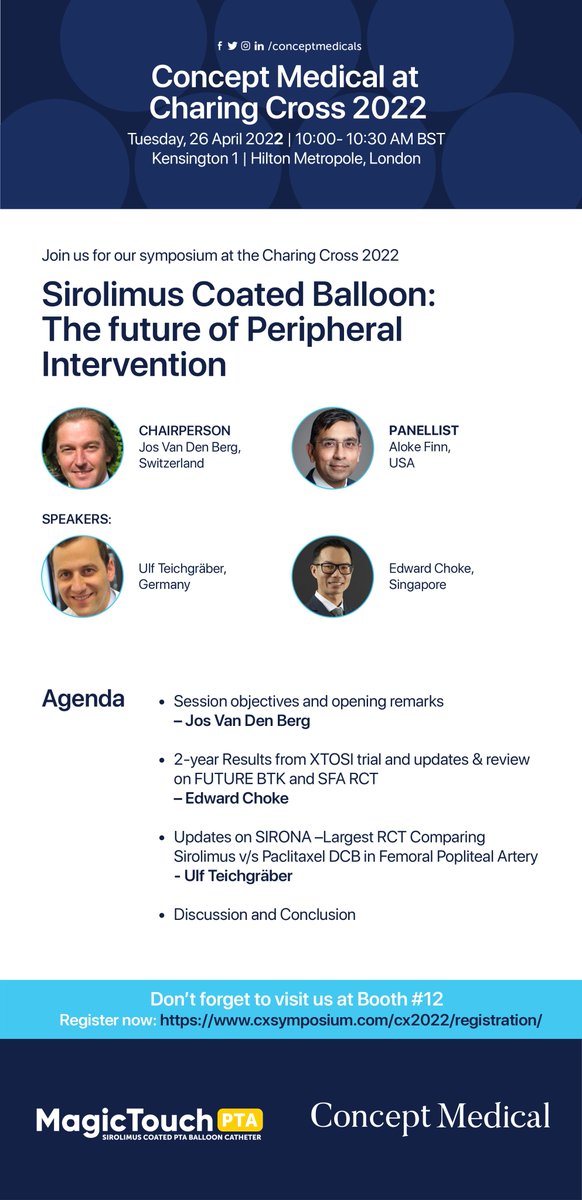 conceptmedicals's tweet photo. Join us for our symposium at the Charing Cross 2022 on "Sirolimus Coated Balloon: The future of Peripheral Intervention"
Know more: https://t.co/AdTP1yg5X9
@CXSymposium
#MagicTouchPTA
#CX2022 https://t.co/jVhjpeyM4A