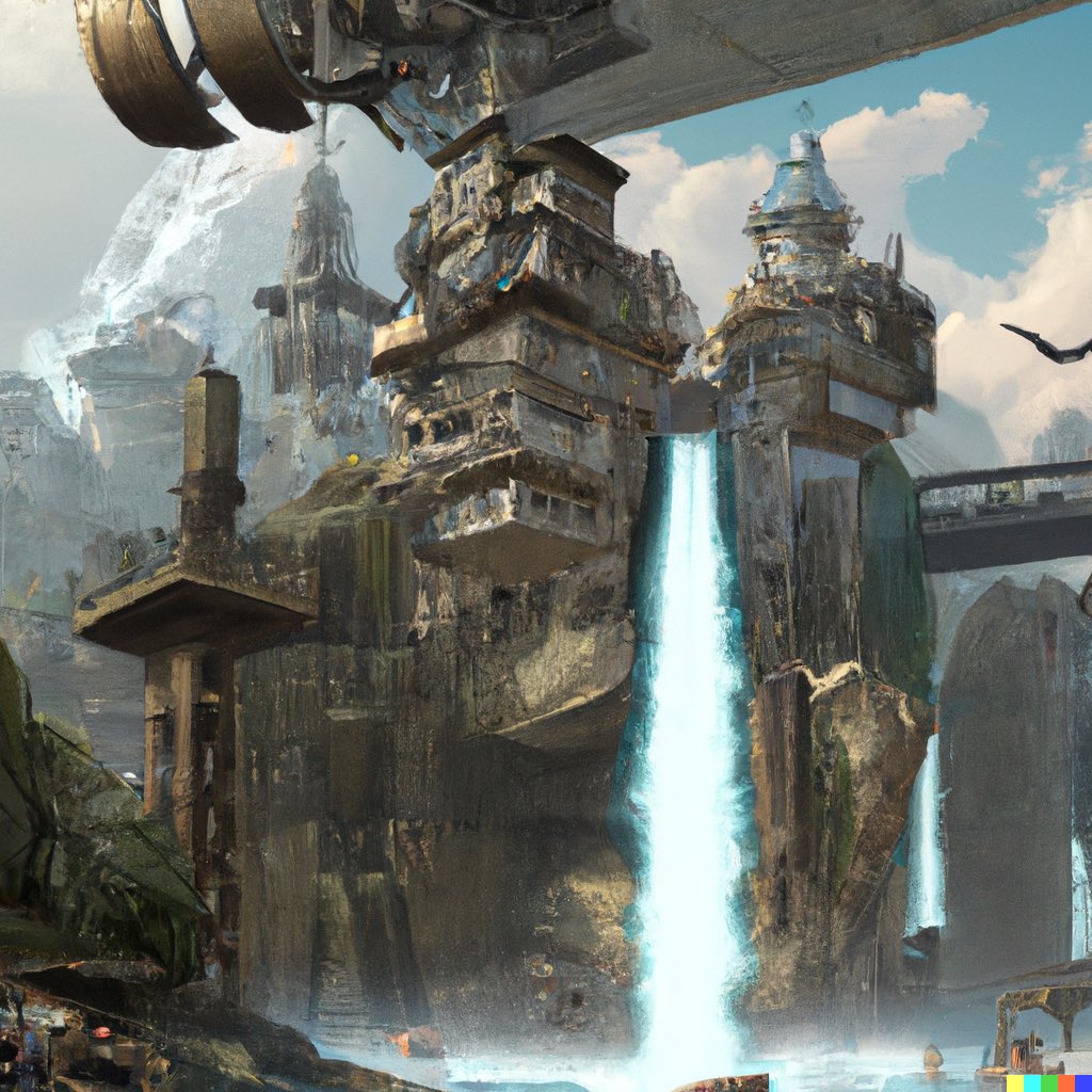 1SleeplessDoc's tweet photo. Steampunk downtown skyline with flying airships next to a 300 meter waterfall, digital art. #dalle #dalle2 https://t.co/JXHLSBlgyo
