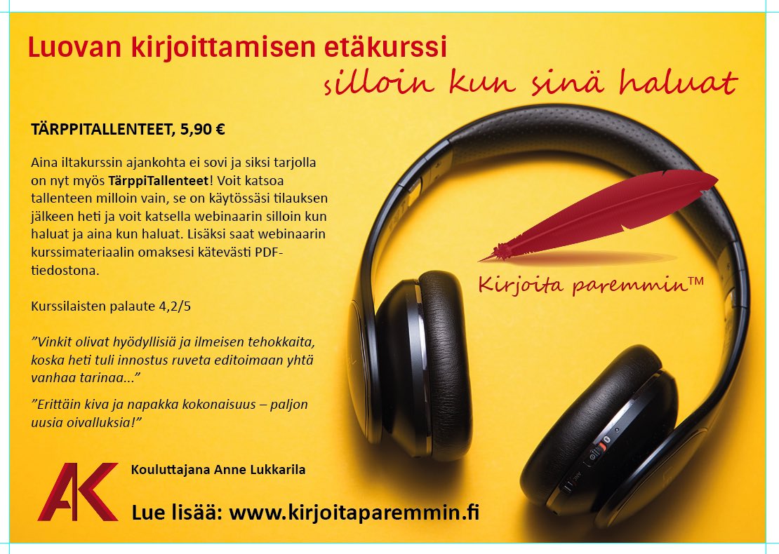 AKustannus's tweet photo. Luova kirjoittaminen on siitä kivaa, että aina voi oppia uutta. Kurkkaa nämä tehokkaat oppitunnit! #tärppitallenne #luovakirjoittaminen #draama #proosa #tietokirjoittaminen #lyriikka #kirjoitaparemmin #etäkurssi #webinaari #kirjoittajatwitter https://t.co/XNjjlV0lXQ