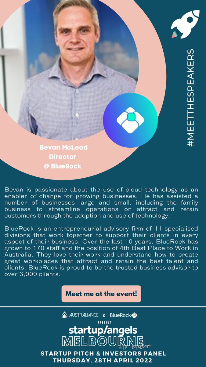 #Meetthespeakers 
Meet Bevan McLeod | Director BlueRock
We would love for you all to meet and get to know the speakers at our S/A #Pitch &amp; Investors #panel event in Melbourne
Early bird tickets now available >> events.humanitix.com/startup-and-an…