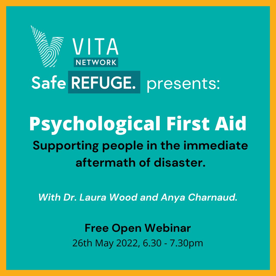 VITA_Network's tweet photo. Free Open Webinar: 

May 26th 6.30-7.30pm

Discussing the basics of Psychological First Aid, practical examples where it can be applied, basics of trauma &amp; recovery, plus a Q&amp;A.

You don’t need to be a health professional to join. Everyone is welcome.

👉 https://t.co/iLNn9GXOKz https://t.co/wQPvrzZiuy