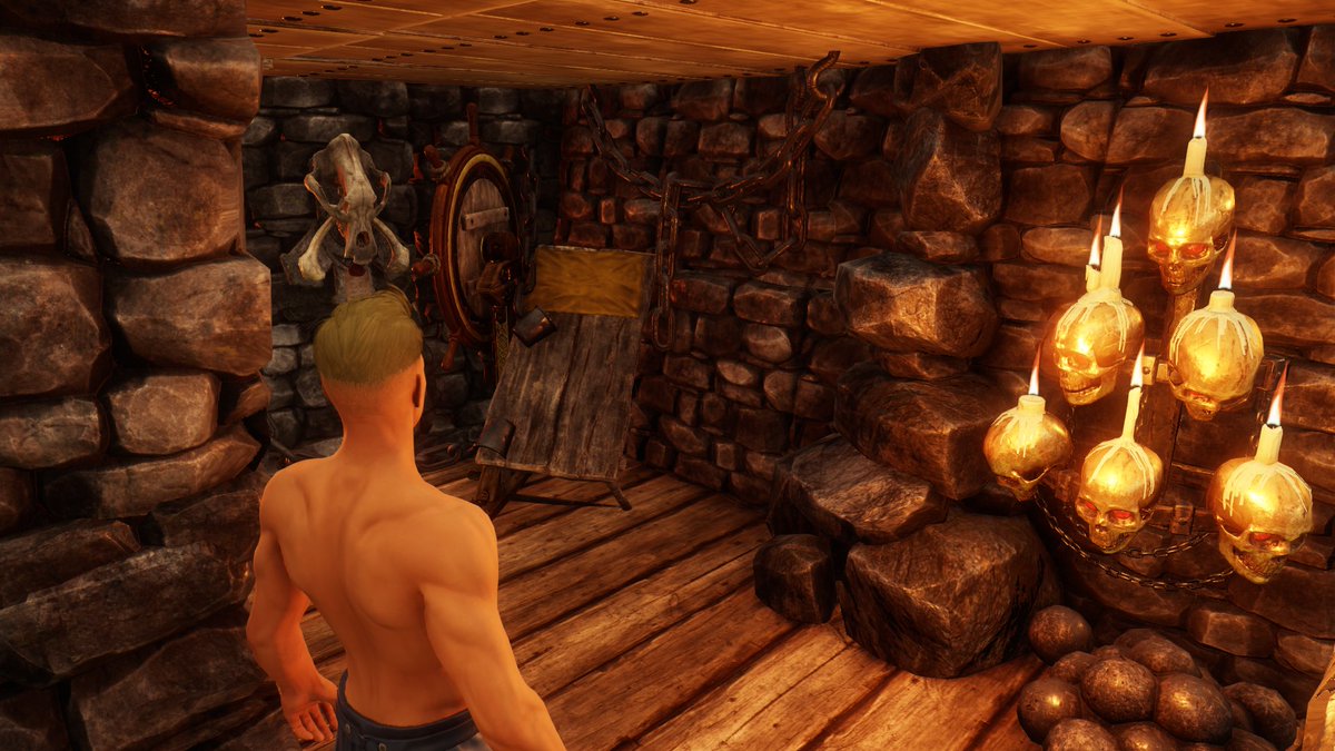 Alias_Node's tweet photo. @playnewworld Ertai, Wizard - US East - Castle of Steel
Decided to make a Dungeon. Limited space to work with so kept it simple, but was able to build a Rack for it.  
I'm using cups as shackles.
#BestAeternumAbode https://t.co/QiDFTbSx5n