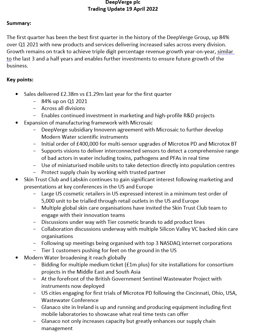gjbrandon's tweet photo. @DeepVerge Trading Update in case you missed it on one page. You can highlight almost every line and be excited. Targeting 100%+ sales growth Year-on-Year 4 years in a row #DVRG #HowAboutThemApples? https://t.co/9yfxNlkAqR