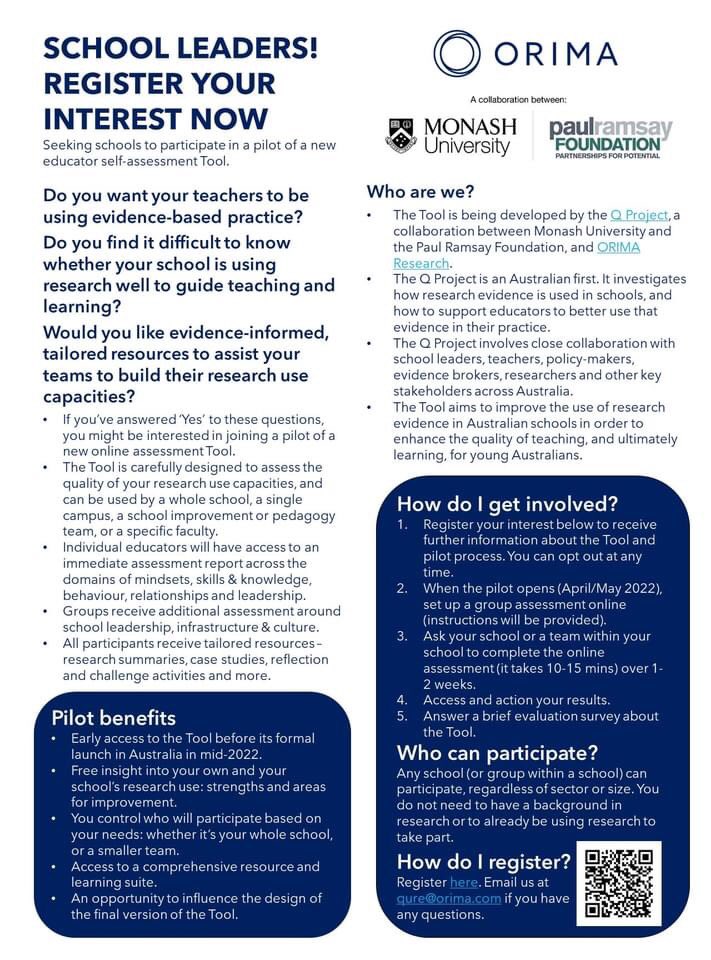 Yeswellmaybe's tweet photo. Australian school leaders: pilot project opportunity. Please share!

#evidencebasedpractice #education #teachingandlearning #usingevidence #usingresearch #research #edutwitter   #AcademicChatter #teachertwitter #schools #monash #monashuniversity https://t.co/5ehOMNSmXy