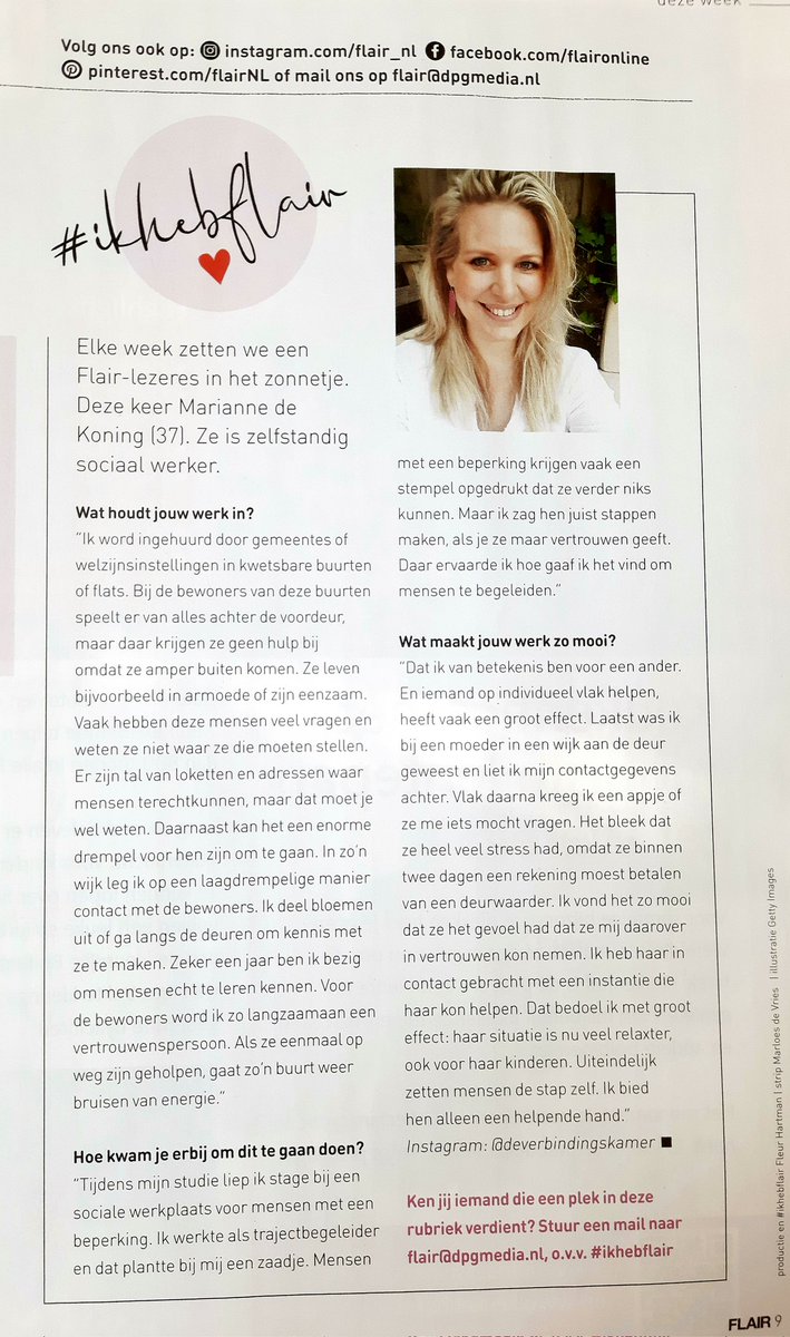 Verbindingkamer's tweet image. Zo tof, ik sta in tijdschrift @Flaironline met mijn bedrijf De Verbindingskamer! Ik vind het echt een eer, want Flair bereikt wekelijks maar liefst 671.000 mensen!