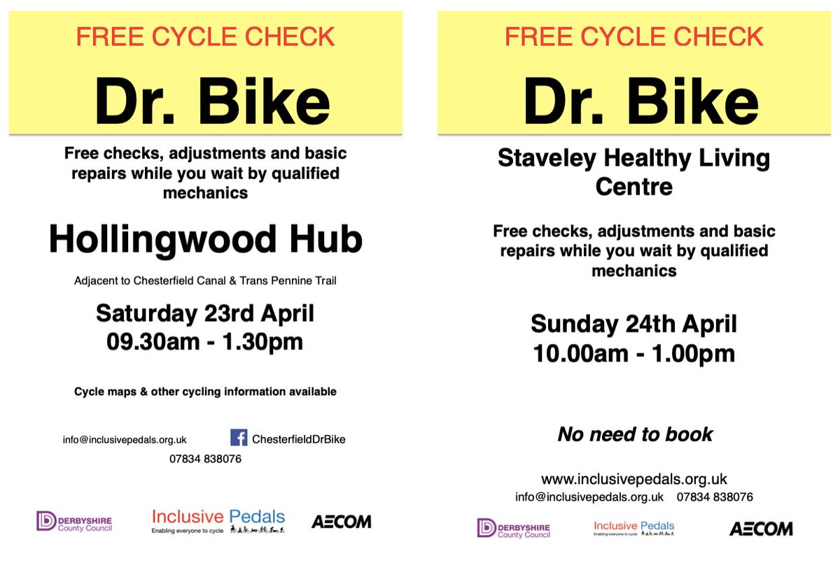 Dr Bike’s, Sat 23rd Hollingwood Hub 9.30-1.30. Sun 24th Staveley Healthy Living 10.00-1.00. Free bicycle checks &amp; repairs. <a href="/ChesterfieldBC/">Chesterfield Borough Council</a> <a href="/Derbyshirecc/">Derbyshire CC</a> <a href="/Be_Travel_Smart/">Travel Smart</a> <a href="/TransitionChez/">Transition Chez</a> @holling1 <a href="/hill_barrow/">Barrow Hill Primary Academy</a> <a href="/cctrust/">Chesterfield Canal Trust</a> <a href="/TPT_National/">Trans Pennine Trail</a> #Chesterfield