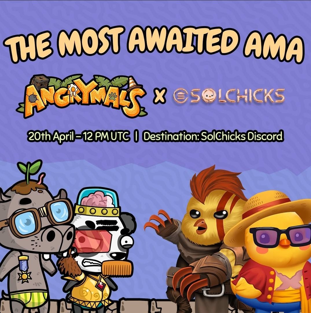 artisse_ai's tweet photo. Chickees 🐣

We're hosting an AMA with our partner @angrymals which is the craziest P2E game you've ever seen.
They're minting their NFTs tomorrow so don't miss this one!

📍 https://t.co/LURrrY1NNg
🗓 April 20th 12pm UTC

1 NFT for the best question!

See you tomorrow 🎮 https://t.co/R8myO4coGb