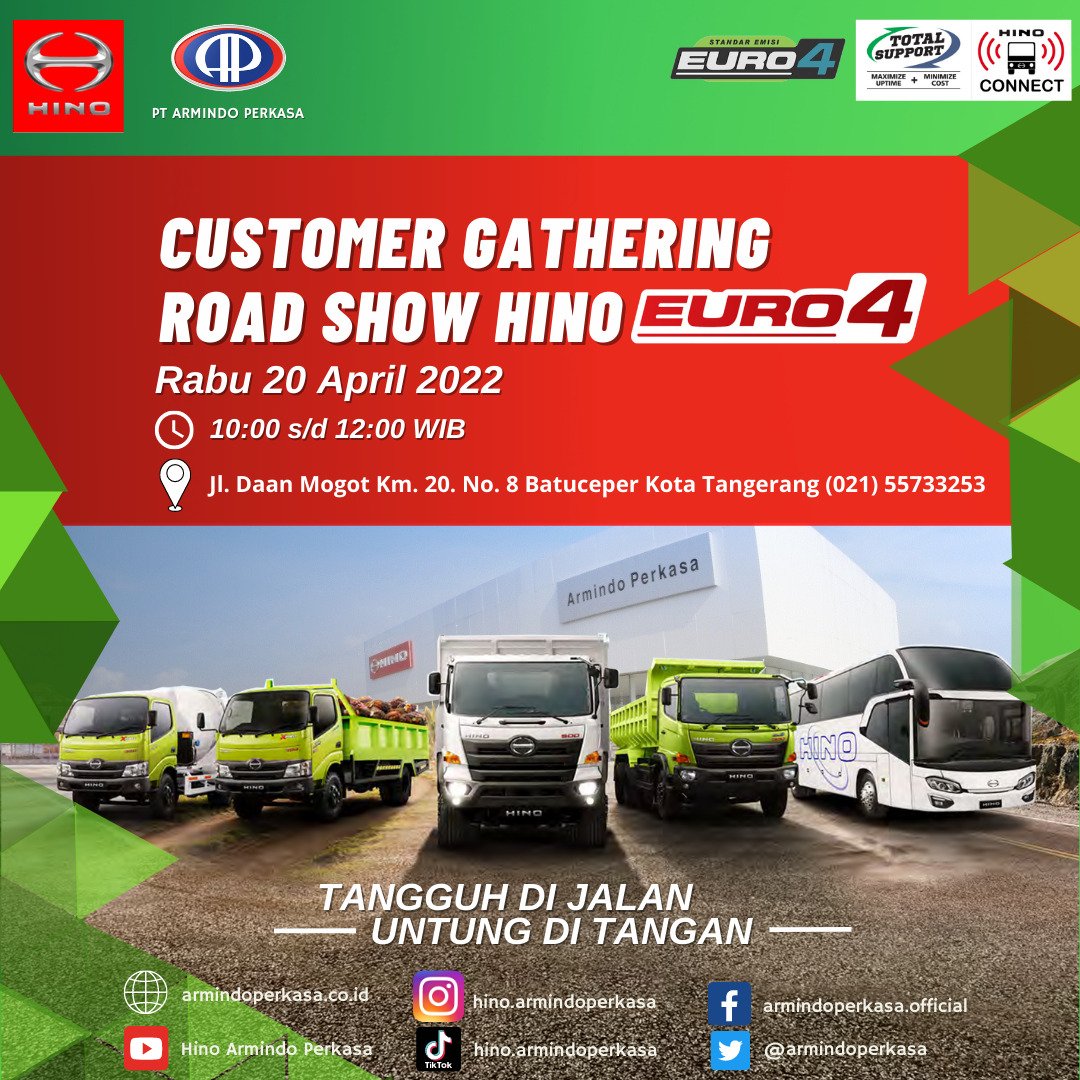 armindoperkasa's tweet photo. Ikuti Customer Gathering Road Show Hino Euro 4 2022 PT Armindo Periasa. diselenggarakan pada:
📆 Rabu, 20 April 2022
⏰ 10:00 WIB S/D 12:00 

  Jl.Daan Mogot KM 20 no.8 batuceper kota 
  tangerang
#hinoid
#hinoarmindoperkasa
#hinoeuro4 
#geatheringcustome https://t.co/hSOaF83mAV
