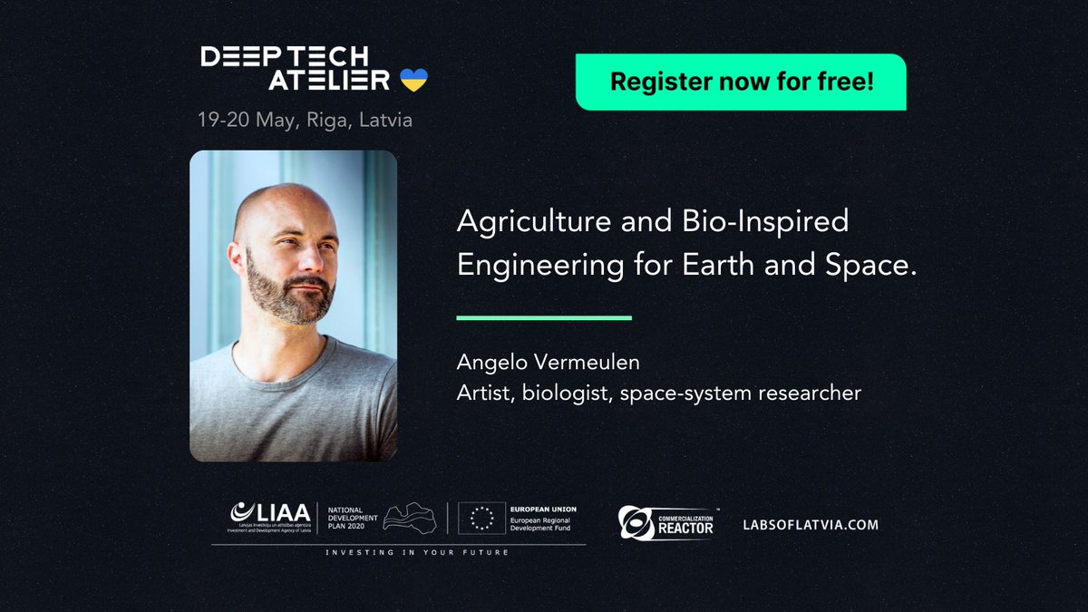 LIAALatvija's tweet photo. Viens no #deeptechatelier2022 lektoriem - Andželo Vermeulens! Mākslinieks, biologs &amp; kosmosa sistēmu pētnieks, kurš attīsta bioloģijas iedvesmotus konceptus ceļojumiem kosmosā. Reģistrējies bezmaksas konferencei https://t.co/f6zYPbF3JC

#EUfunds #deeptech #spacetech https://t.co/DOADy0TfCh