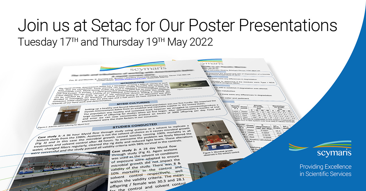scymaris's tweet photo. As well as exhibiting @SETAC_world Europe, we will be presenting 2 posters showcasing our latest research.
Join our head of Ecotoxicology and Study Director to find out more.
https://t.co/7oIW9Zag26
#posterpresentation #ecotoxicology #environmentalfate #analyticalchemistry https://t.co/AEojIH4J0Q
