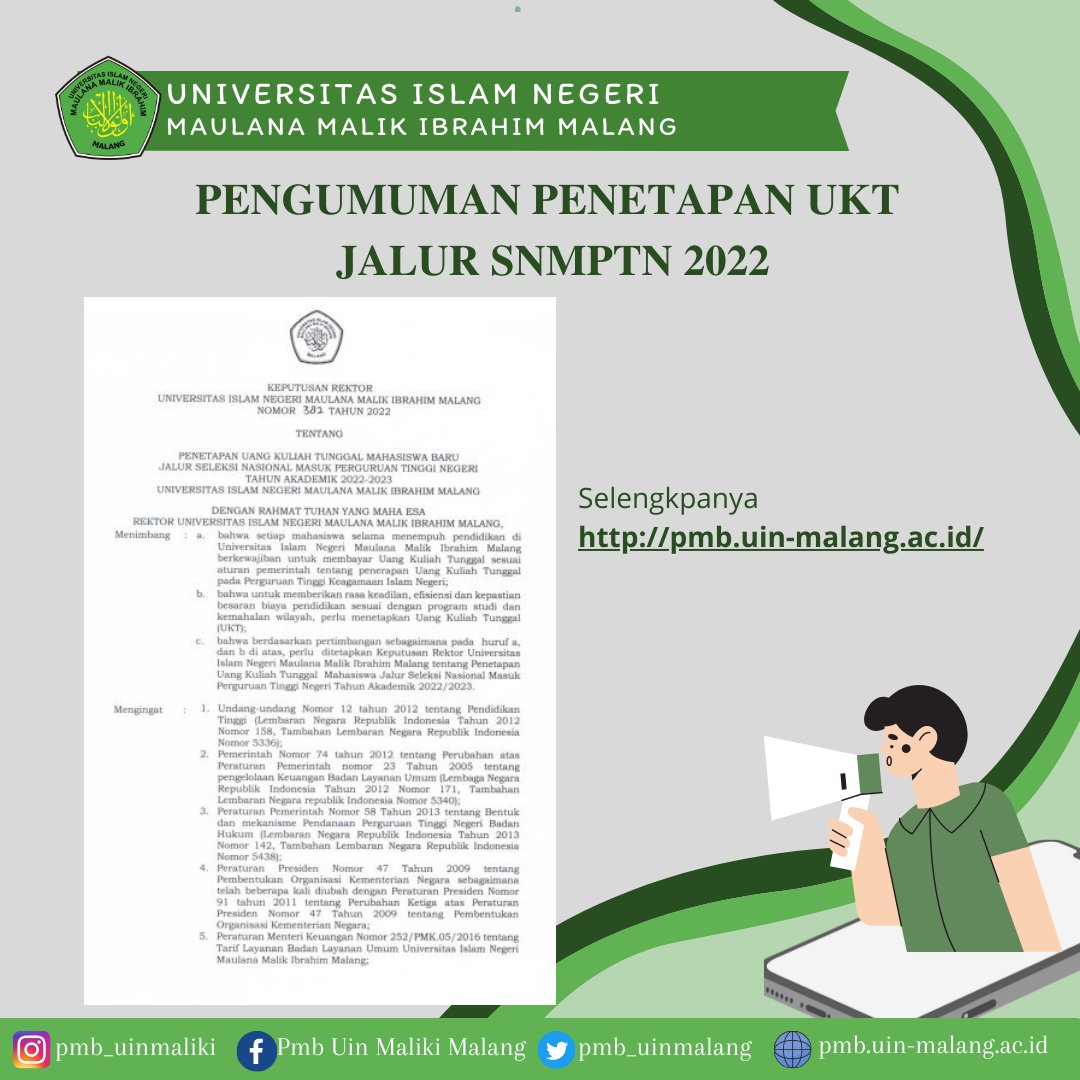 Alhamdulillah besaran UKT jalur SNMPTN 2022 bisa dilihat di akun peserta masing-masing. informasi detail klik laman pmb.uin-malang.ac.id/index.php/2022…
