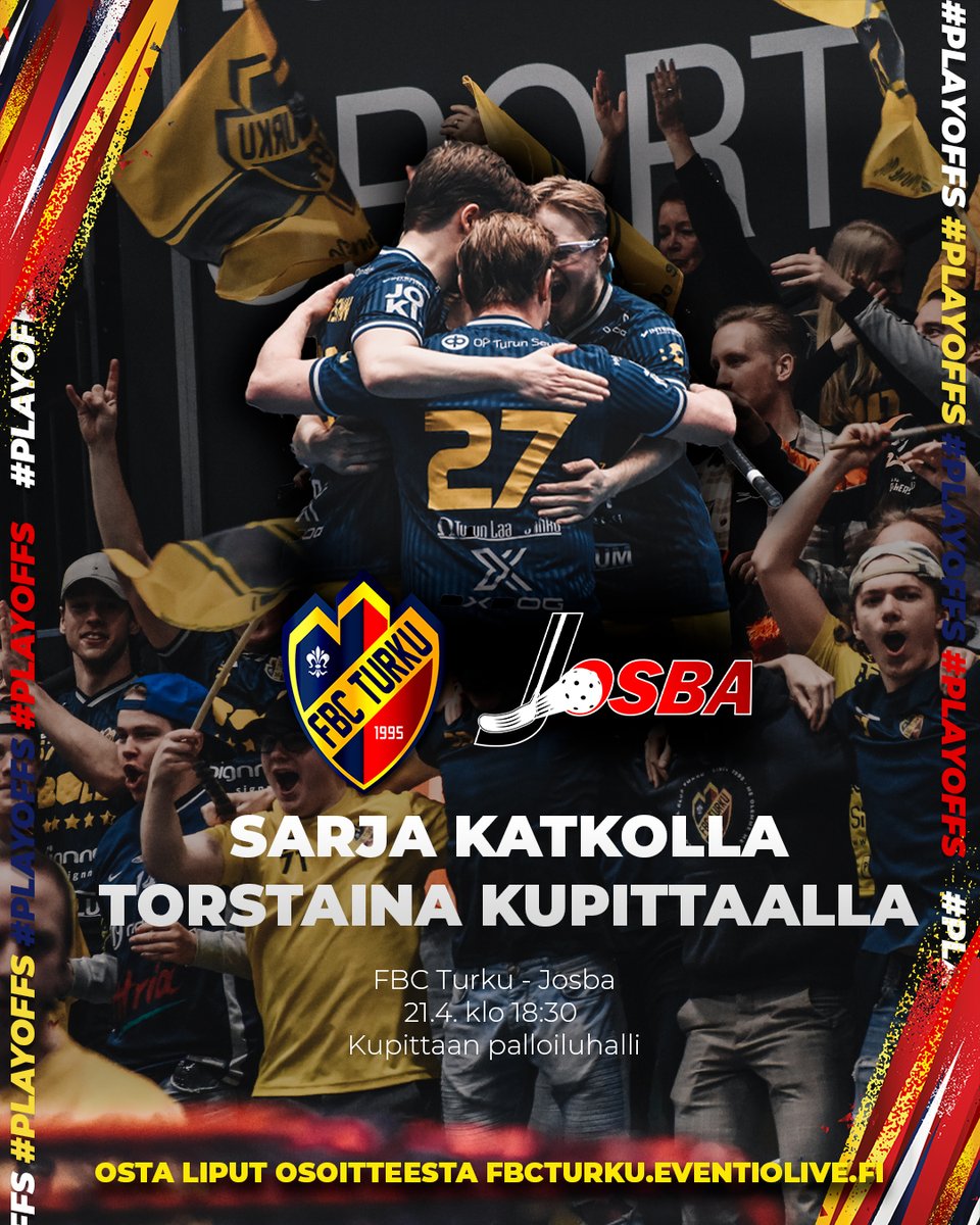 FBCTurku's tweet photo. FBC Turku johtaa finaalisarjaa 2-0, joten torstaina on sarja on ensimmäistä kertaa katkolla. 🔥

Lauantain finaalissa katsomossa oli huikea tunnelma - laitetaan torstaina vieläkin paremmaksi.

Liput ennakkoon: https://t.co/9L3bCpYfBi

#salibandy #FLIIGA #divari #FBCTurku https://t.co/rs5m0kdaTT