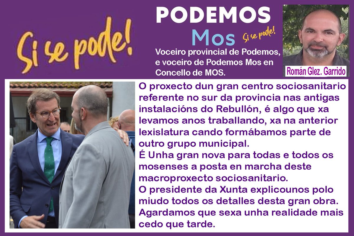RomanGonzalezG's tweet photo. Estamos content@s de que Mos poida convertirse en referencia na provincia na atención sociosanitaria.Contra o ruido mediático sin sentido,nos sempre estaremos do lado do ben común.E neste caso, quen ten que poñer en marcha está gran obra é a Xunta,Unha demanda de hai varios anos. https://t.co/JsE7xqY4mS
