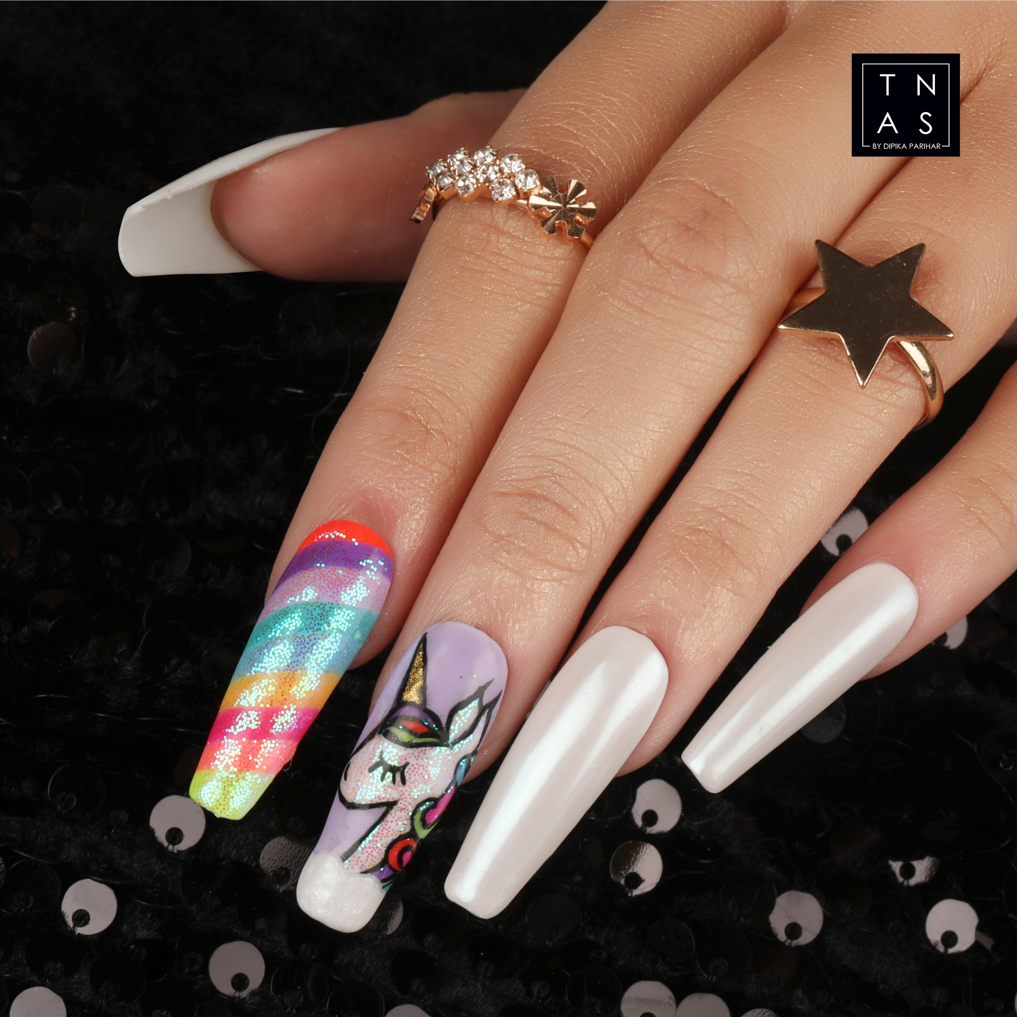 Holographic Unicorn nail x2 (Almond) – Made Ya Look Nail Designs