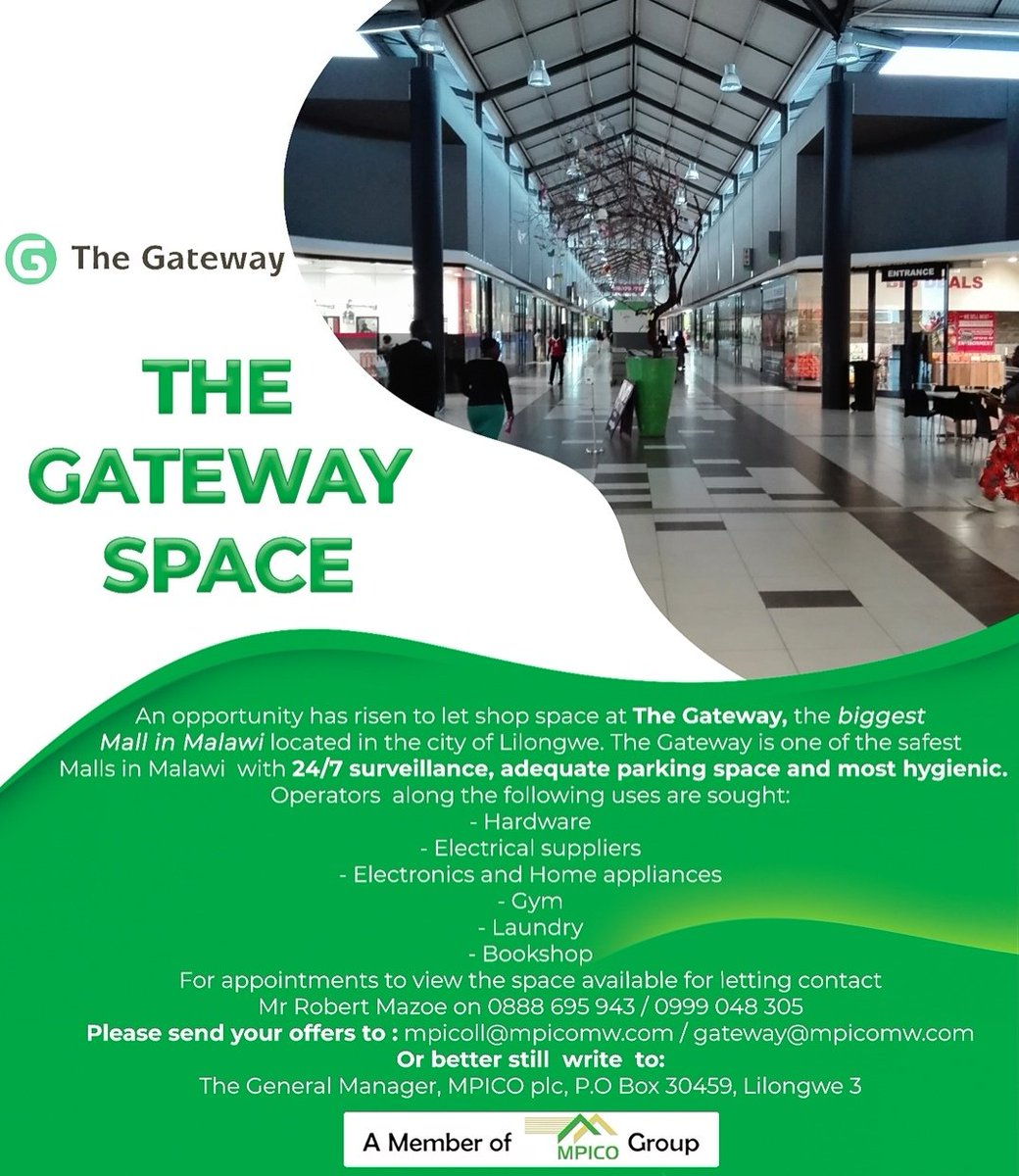 Shop space available
@ The Gateway
#malawisleadingmall
#GymLilongwe #bookshop
#laundryservice #Hardware