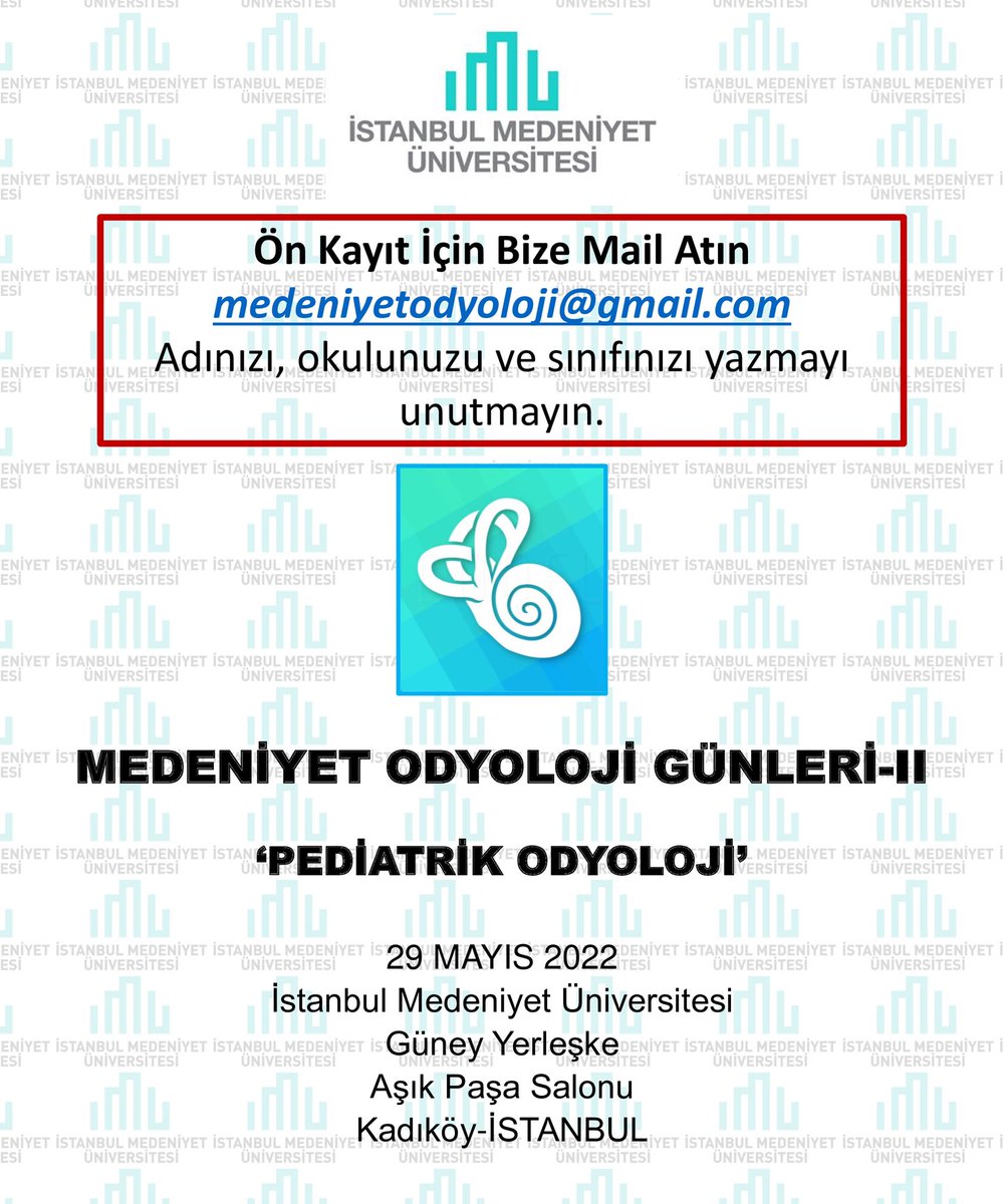 Medeniyet Odyoloji Günleri-II başlığı altında gerçekleşecek olan toplantımızda kontenjanımız sınırlıdır. Ön kayıt için mail adresimize ad, soyad ve sınıf bilgilerinizi gönderebilirsiniz. 😊✨