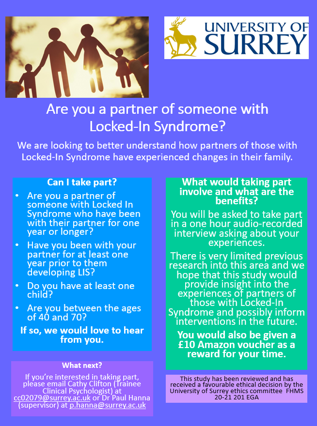 CathyClifton15's tweet photo. Also see below for a poster!
#lockedin #lockedinsyndrome #stroke #braininjury #brainstemstroke #brainstem #clinicalpsychology #neuropsychology #research #partners #family #familydynamics @UoSPsychD https://t.co/Bu3XsEUwuv