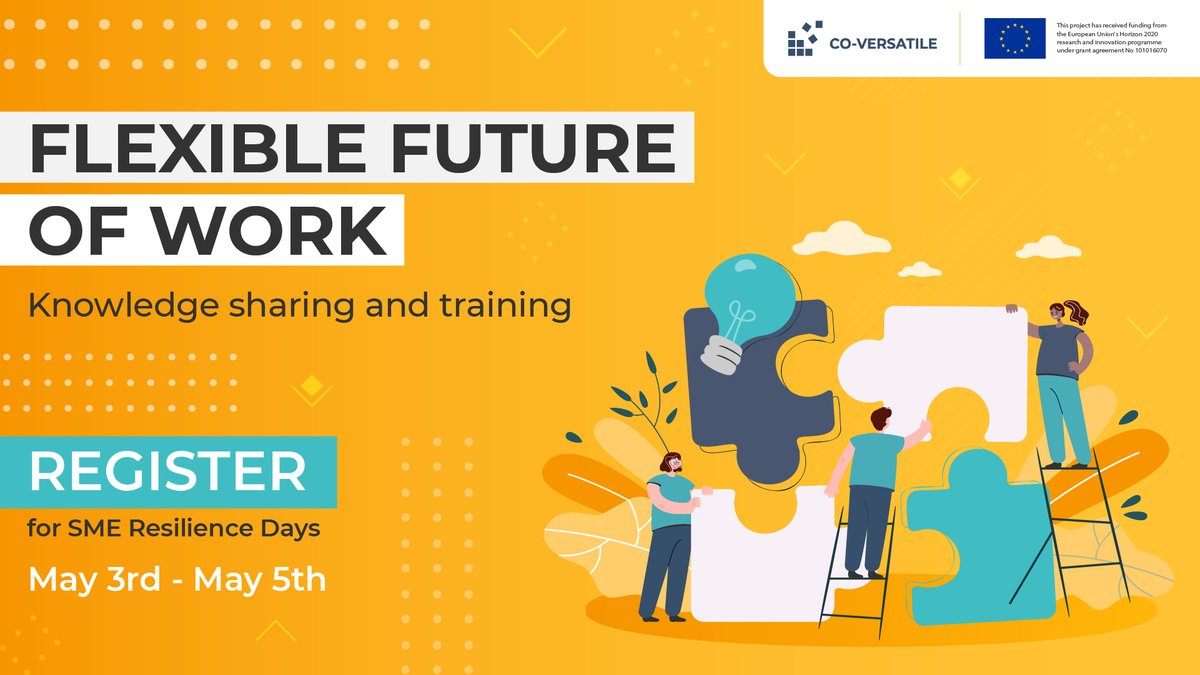 CO-VERSATILE project (@coversatile) on Twitter photo May 5th at 10 AM CET
Do you work for a Manufacturing SME? Join our session about Flexible Future of Work during <a href="/CoVersatile/">CO-VERSATILE project</a> SME Resilience Days.
👉 Register to have access to all sessions and content bit.ly/37cfTzF
#EUinnovation
#Manufacturing
#sme40 May 5th at 10 AM CET
Do you work for a Manufacturing SME? Join our session about Flexible Future of Work during <a href="/CoVersatile/">CO-VERSATILE project</a> SME Resilience Days.
👉 Register to have access to all sessions and content bit.ly/37cfTzF
#EUinnovation
#Manufacturing
#sme40