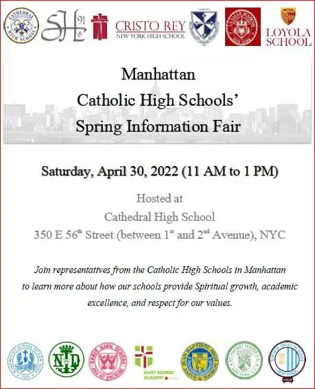 The Manhattan high schools will be hosting a Spring Fair on Saturday, April 30th from 11 AM through 1 PM at Cathedral High School. We hope to see you there! <a href="/CathedralHS_NYC/">Cathedral HS</a>