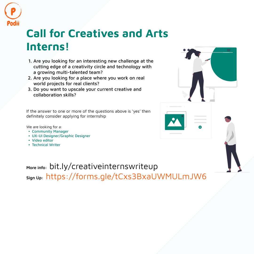 podiihq's tweet photo. The creative field is one growing field which we would like to explore. We are offering an internship to
- a community manager
- a UI-UX /Graphic designer
- a Video Editor
- a Technical Writer

More info https://t.co/K3l4bRnKGL
Sign Up https://t.co/Zj8r9c65HG https://t.co/94AruuJgdi