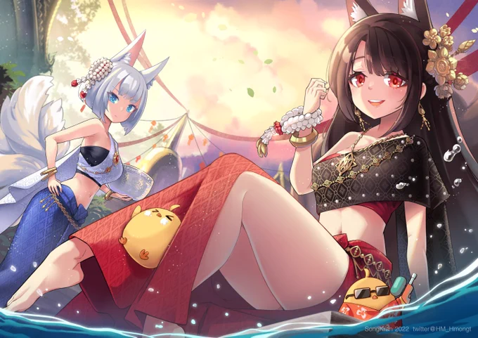 SongKran 2022
I have been thinking from 2 years ago. 
How would they look in Thai traditional dress? So I drew it out. 
#アズールレーン #AzurLane 