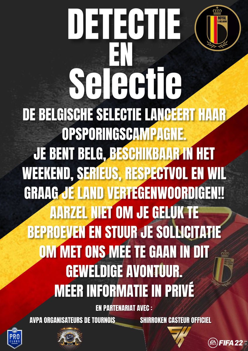 Bonjour à tous, n’hésitez pas à rejoindre l’unique sélection 🇧🇪. Nous représentons la VPG, ACF, EFA, VPN IFVPA et EFIFA. Nous jouons les coupes du mondes, coupe d’Europe, nations league et tournoi des 6 nations. RT apprécie.

🎨🖌 <a href="/TLintox/">Tito Ltx</a> et <a href="/Ben936001/">Ben93600</a> 🎨🖌