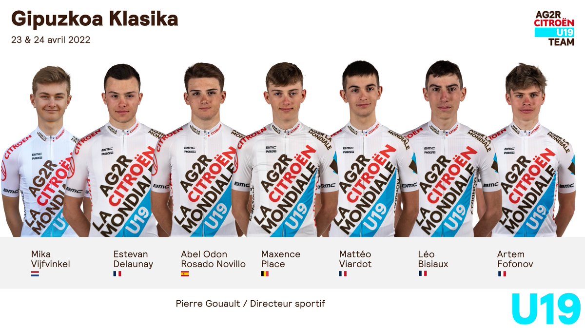 ‼️ Destination le Pays Basque ce week end avec notre première course à étape sur la #GipuzkoaKlasika 

🇧🇪 <a href="/MaxencePlace/">Place Maxence</a> 
🇪🇸 <a href="/odon_abel/">Abel Rosado Novillo</a> 
🇫🇷 <a href="/lbsx1/">Léo Bisiaux</a> 
🇫🇷 <a href="/Artem_ffv8/">Artem Fofonov</a> 
🇫🇷 <a href="/EstevanDelaunay/">Delaunay Estevan</a> 
🇫🇷 <a href="/MatteoViardot/">Mattéo Viardot</a> 
🇳🇱 Mika Vijfvinkel
DS <a href="/GouaultP/">Pierre GOUAULT</a>